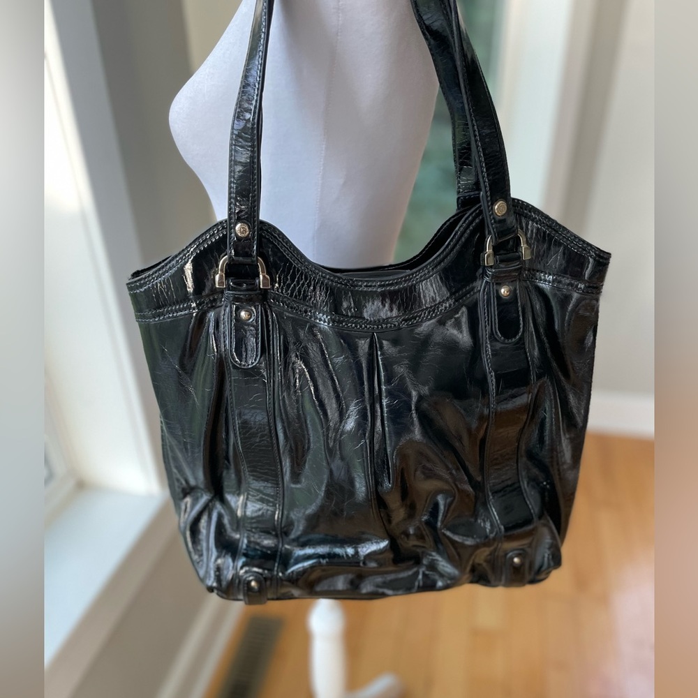 Vintage Y2K Liz Claiborne Black Patent Leather Pink Dot Shoulder Bag Purse
